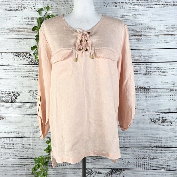 Ellen Tracy Company Tunic Blouse Large Peach Linen Sailor Beach Modest Church - Picture 1 of 13